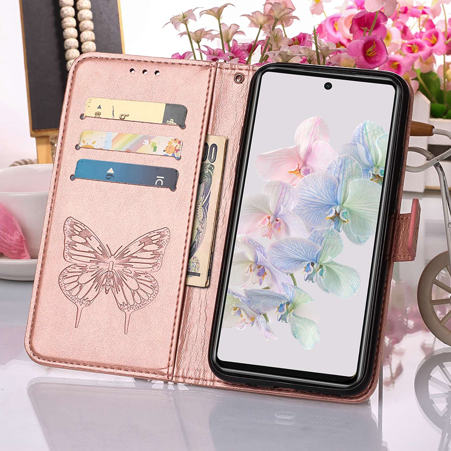 YB Imprinting Flower Series-4 for Google Pixel 7 Imprinting Butterfly Flower Case Wallet Stand Shockproof PU Leather Cover Inner TPU Shell