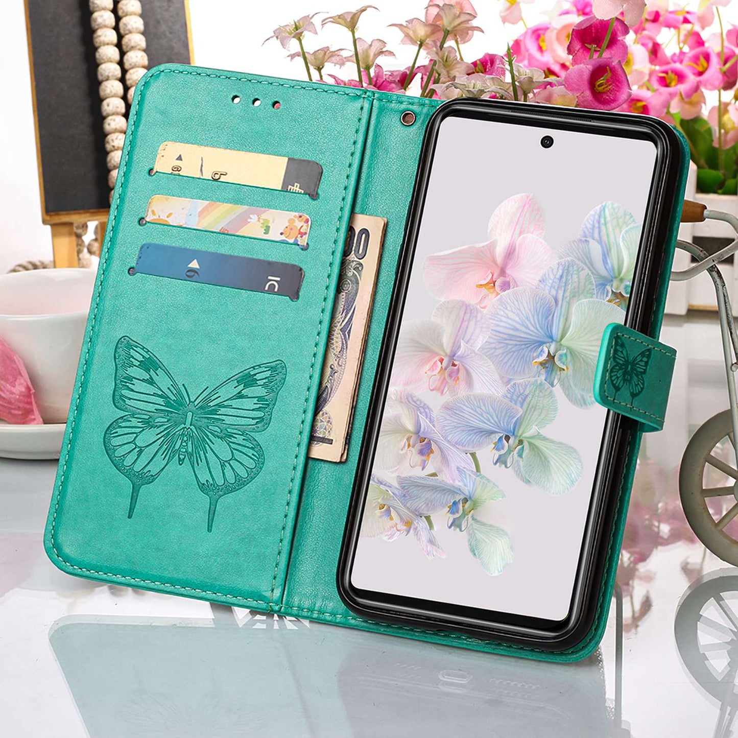 YB Imprinting Flower Series-4 for Google Pixel 7 Imprinting Butterfly Flower Case Wallet Stand Shockproof PU Leather Cover Inner TPU Shell