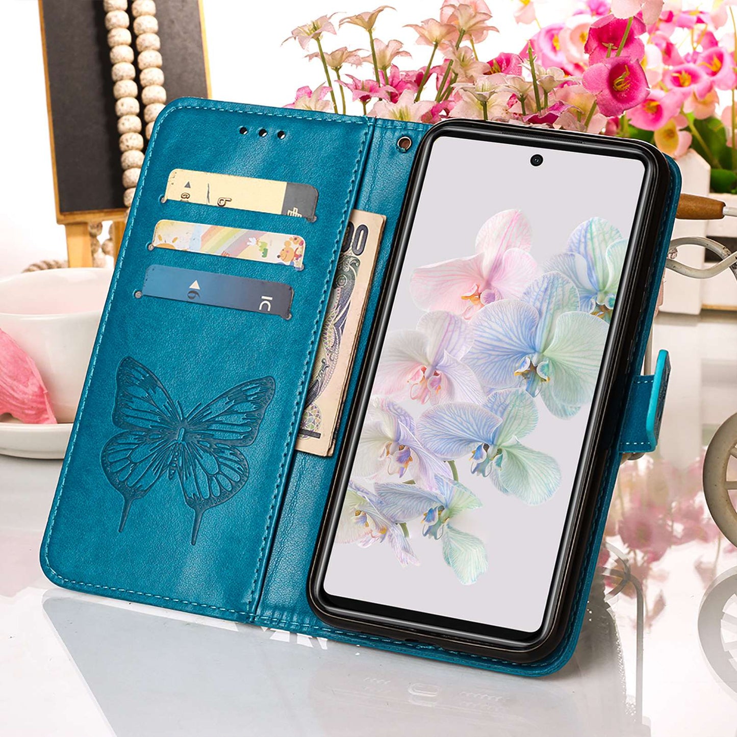 YB Imprinting Flower Series-4 for Google Pixel 7 Imprinting Butterfly Flower Case Wallet Stand Shockproof PU Leather Cover Inner TPU Shell