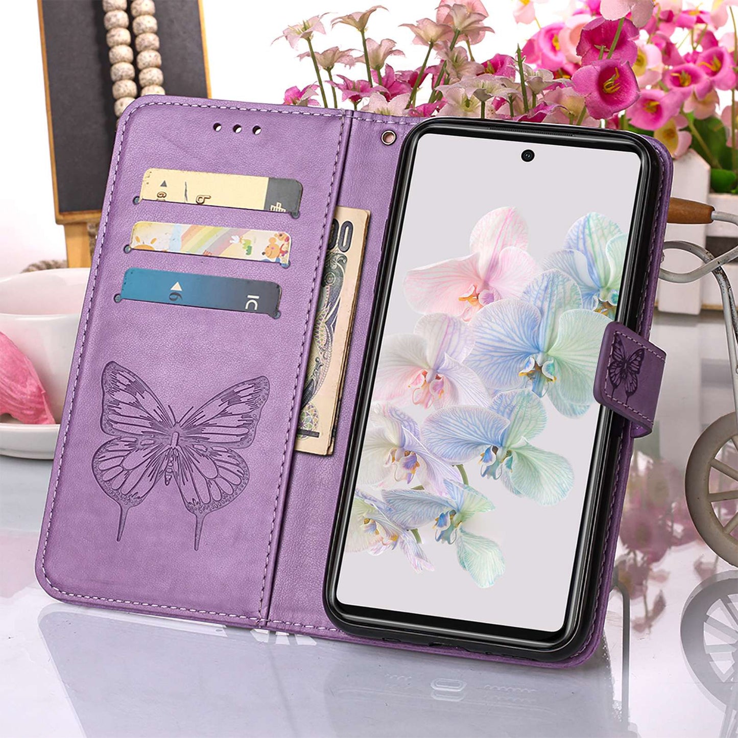 YB Imprinting Flower Series-4 for Google Pixel 7 Imprinting Butterfly Flower Case Wallet Stand Shockproof PU Leather Cover Inner TPU Shell