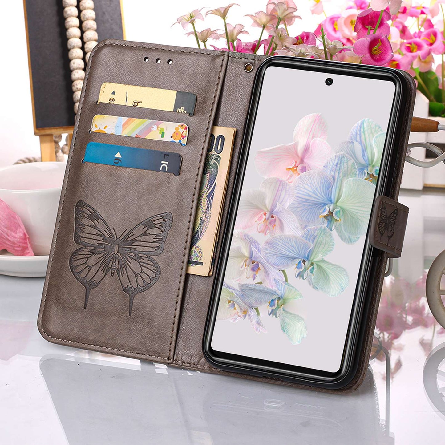 YB Imprinting Flower Series-4 for Google Pixel 7 Imprinting Butterfly Flower Case Wallet Stand Shockproof PU Leather Cover Inner TPU Shell