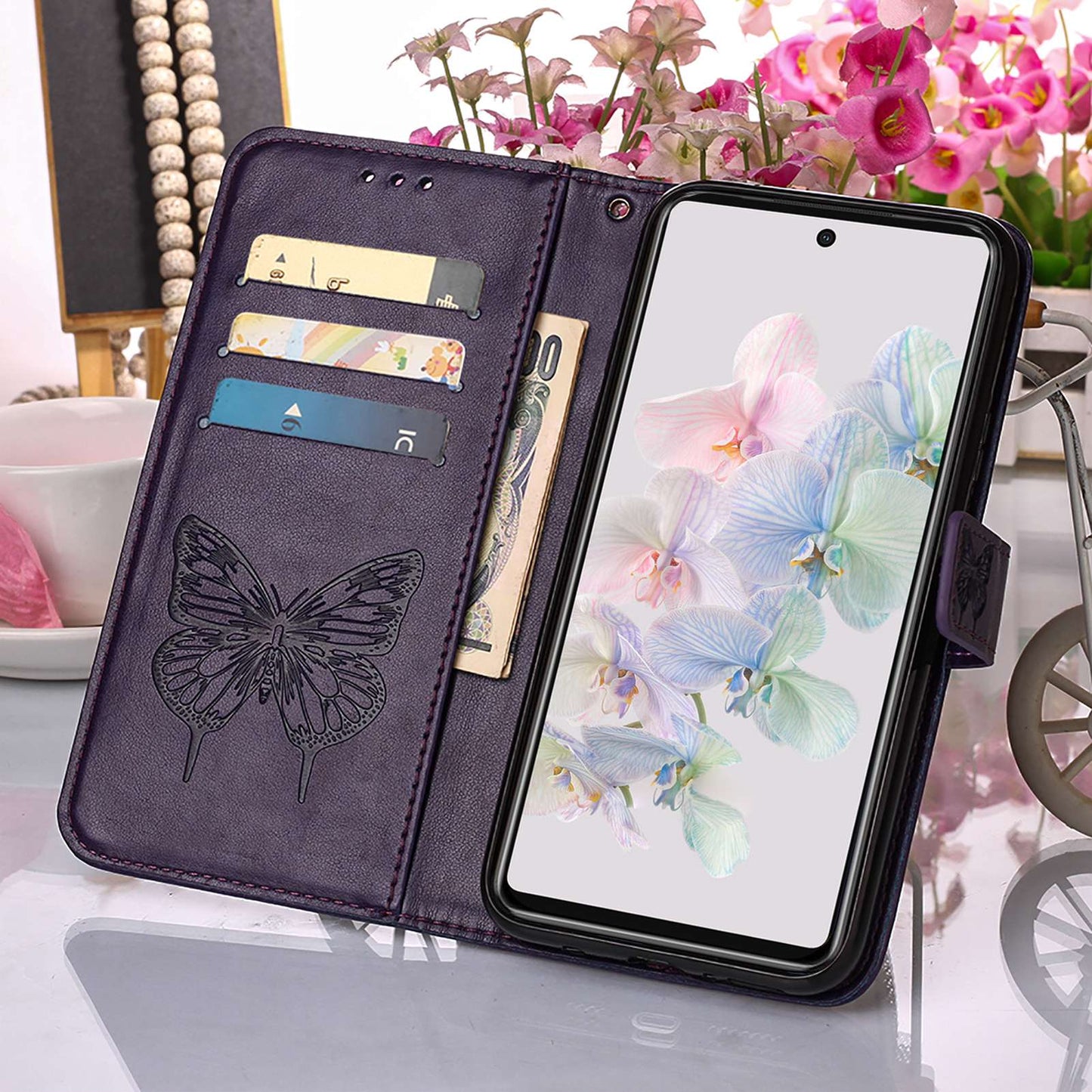 YB Imprinting Flower Series-4 for Google Pixel 7 Imprinting Butterfly Flower Case Wallet Stand Shockproof PU Leather Cover Inner TPU Shell