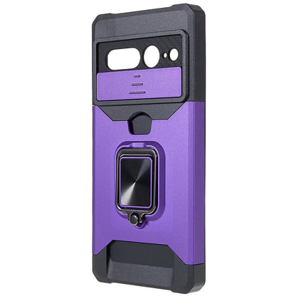 For Google Pixel 7 Pro Anti-Drop Hard PC Soft TPU Hybrid Phone Case Impact-Resistant Cellphone Cover Slide Camera Lens Protection Design Kickstand Back Cover with Card Slot