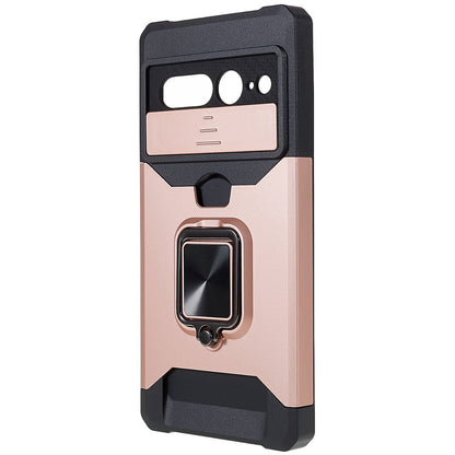 For Google Pixel 7 Pro Anti-Drop Hard PC Soft TPU Hybrid Phone Case Impact-Resistant Cellphone Cover Slide Camera Lens Protection Design Kickstand Back Cover with Card Slot