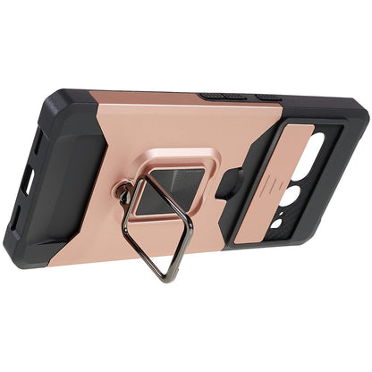 For Google Pixel 7 Pro Anti-Drop Hard PC Soft TPU Hybrid Phone Case Impact-Resistant Cellphone Cover Slide Camera Lens Protection Design Kickstand Back Cover with Card Slot