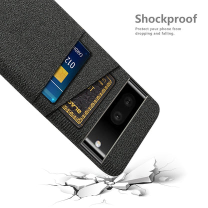 For Google Pixel 6a 5G Cloth Texture Shockproof Phone Case with Dual Card Slots Non-slip PU Leather Coated PC Protective Cover
