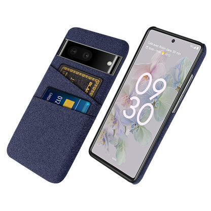 For Google Pixel 6a 5G Cloth Texture Shockproof Phone Case with Dual Card Slots Non-slip PU Leather Coated PC Protective Cover