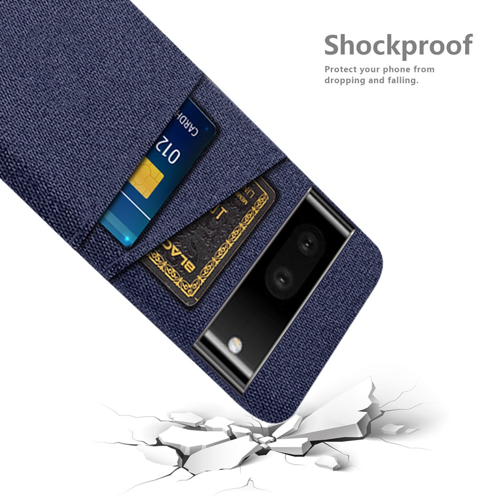 For Google Pixel 6a 5G Cloth Texture Shockproof Phone Case with Dual Card Slots Non-slip PU Leather Coated PC Protective Cover