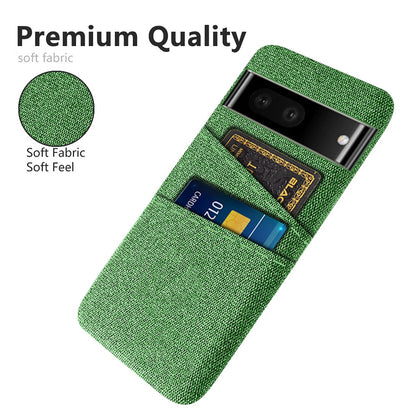 For Google Pixel 6a 5G Cloth Texture Shockproof Phone Case with Dual Card Slots Non-slip PU Leather Coated PC Protective Cover