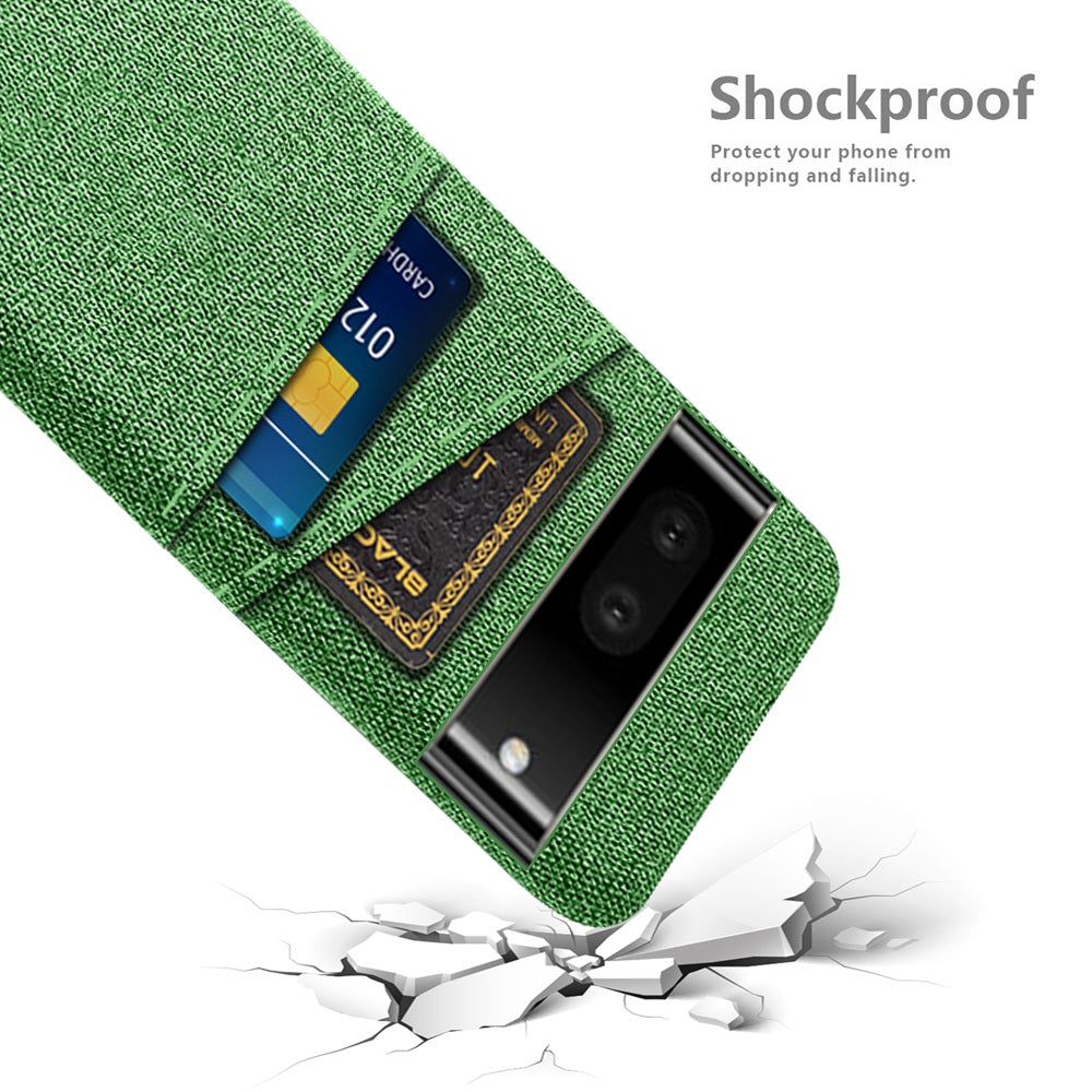 For Google Pixel 6a 5G Cloth Texture Shockproof Phone Case with Dual Card Slots Non-slip PU Leather Coated PC Protective Cover
