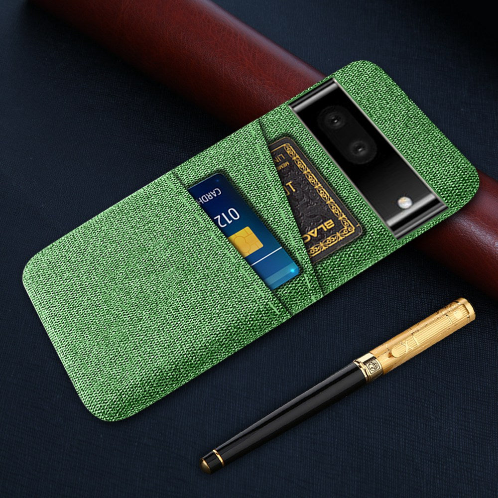 For Google Pixel 6a 5G Cloth Texture Shockproof Phone Case with Dual Card Slots Non-slip PU Leather Coated PC Protective Cover