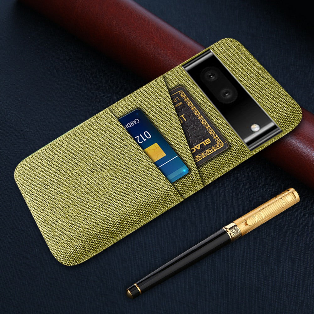 For Google Pixel 6a 5G Cloth Texture Shockproof Phone Case with Dual Card Slots Non-slip PU Leather Coated PC Protective Cover