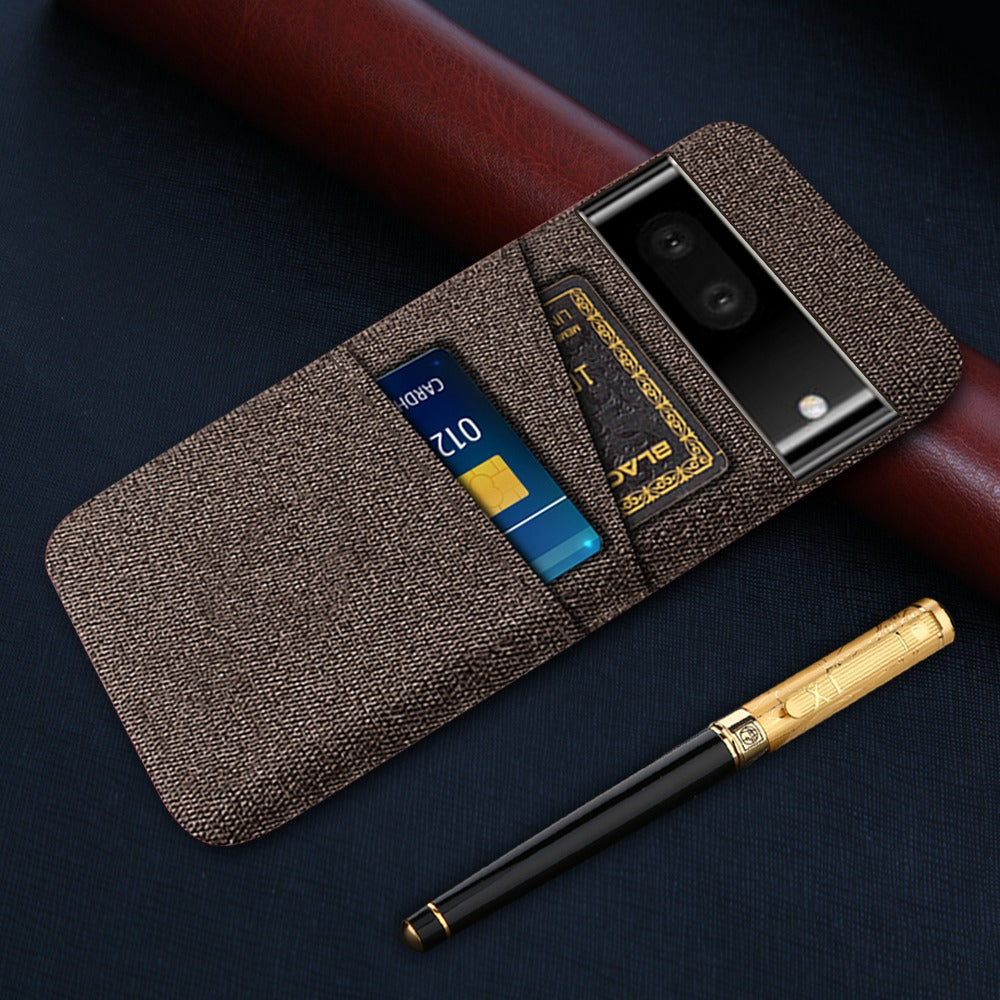 For Google Pixel 6a 5G Cloth Texture Shockproof Phone Case with Dual Card Slots Non-slip PU Leather Coated PC Protective Cover