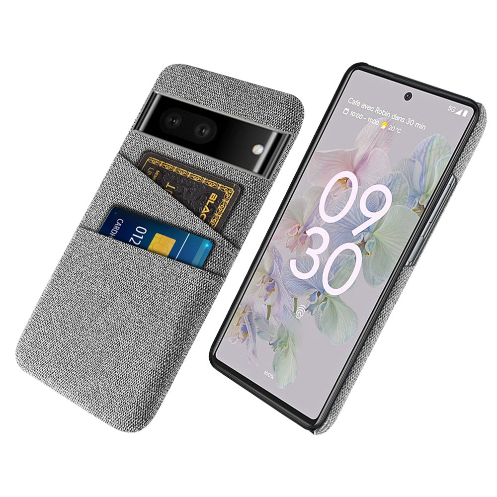 For Google Pixel 6a 5G Cloth Texture Shockproof Phone Case with Dual Card Slots Non-slip PU Leather Coated PC Protective Cover