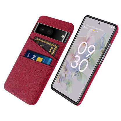 For Google Pixel 6a 5G Cloth Texture Shockproof Phone Case with Dual Card Slots Non-slip PU Leather Coated PC Protective Cover