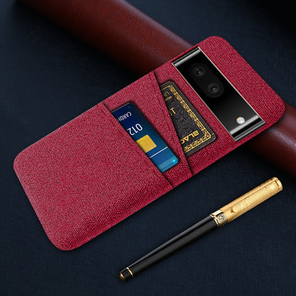 For Google Pixel 6a 5G Cloth Texture Shockproof Phone Case with Dual Card Slots Non-slip PU Leather Coated PC Protective Cover