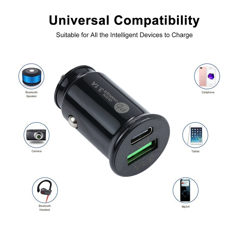 TE-339PD 5V/3.1A PC Type-C + 3.1A USB Mini Car Charger Dual Ports Cigarette Lighter Fast Charging