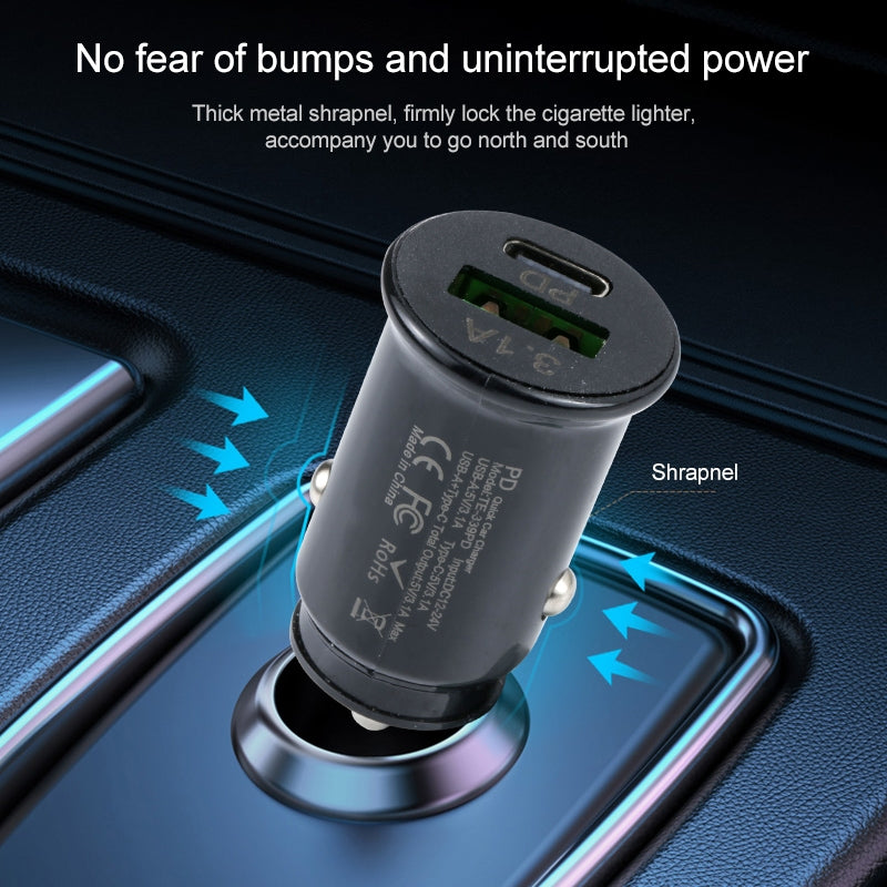 TE-339PD 5V/3.1A PC Type-C + 3.1A USB Mini Car Charger Dual Ports Cigarette Lighter Fast Charging