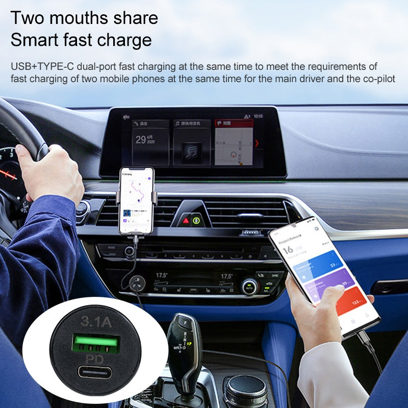 TE-339PD 5V/3.1A PC Type-C + 3.1A USB Mini Car Charger Dual Ports Cigarette Lighter Fast Charging