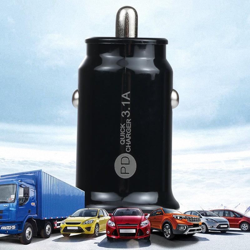 TE-339PD 5V/3.1A PC Type-C + 3.1A USB Mini Car Charger Dual Ports Cigarette Lighter Fast Charging