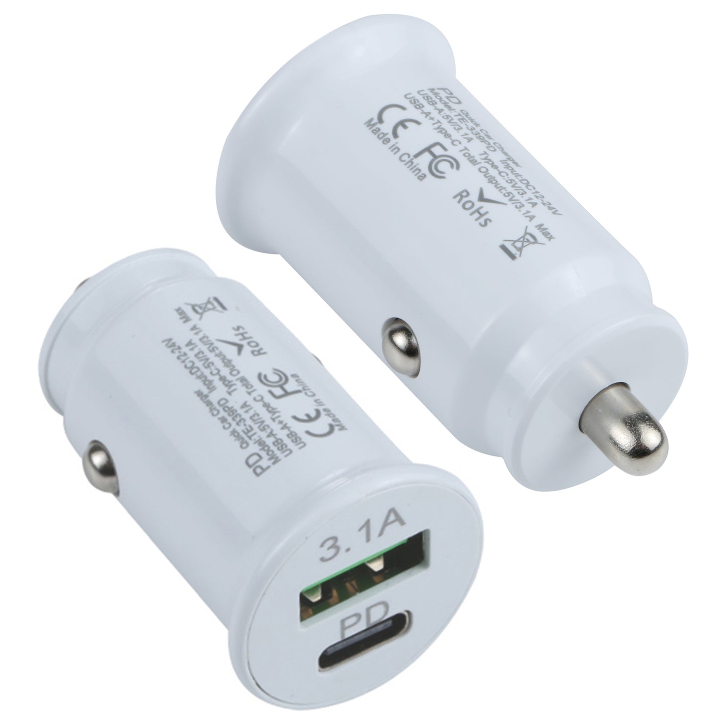 TE-339PD 5V/3.1A PC Type-C + 3.1A USB Mini Car Charger Dual Ports Cigarette Lighter Fast Charging
