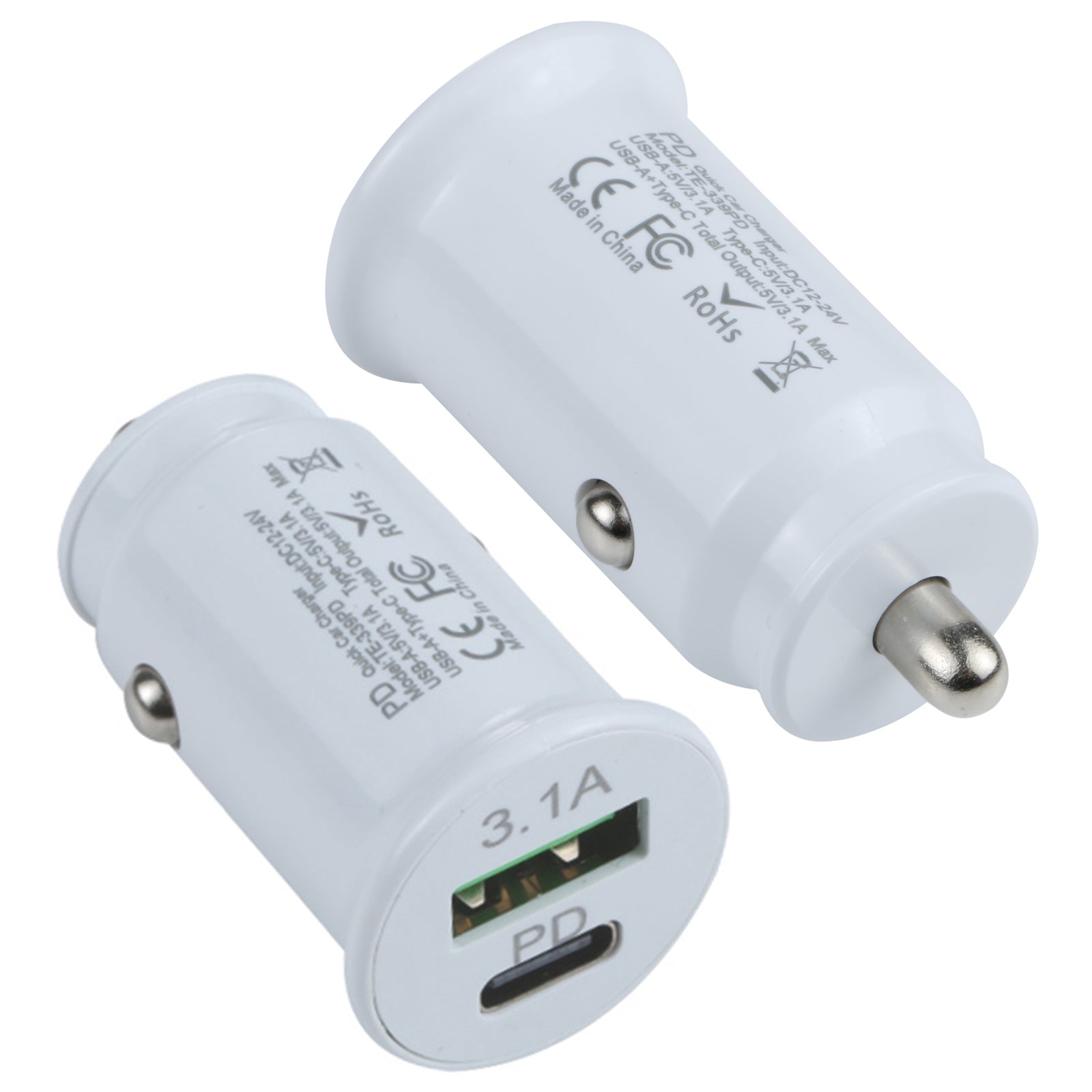 TE-339PD 5V/3.1A PC Type-C + 3.1A USB Mini Car Charger Dual Ports Cigarette Lighter Fast Charging