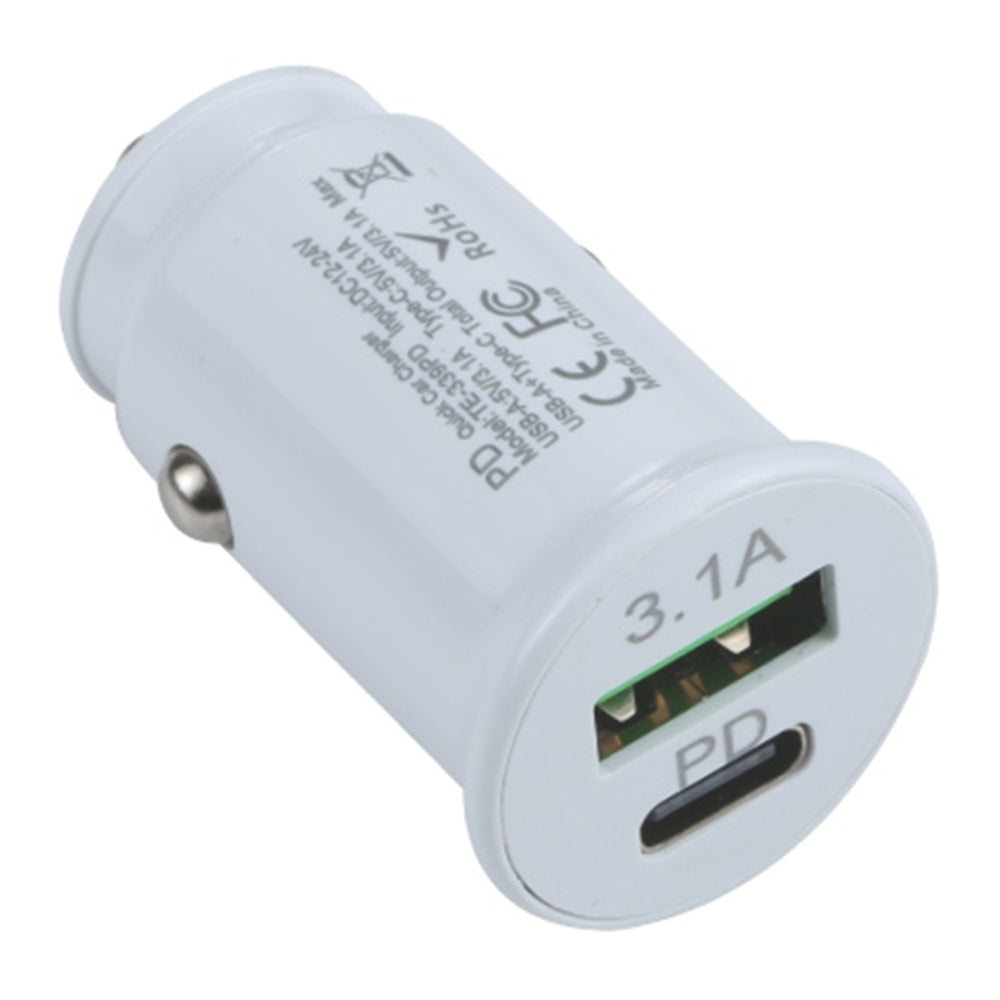 TE-339PD 5V/3.1A PC Type-C + 3.1A USB Mini Car Charger Dual Ports Cigarette Lighter Fast Charging