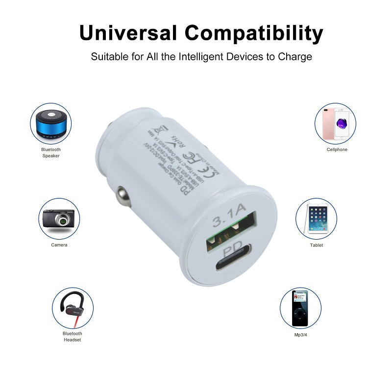 TE-339PD 5V/3.1A PC Type-C + 3.1A USB Mini Car Charger Dual Ports Cigarette Lighter Fast Charging