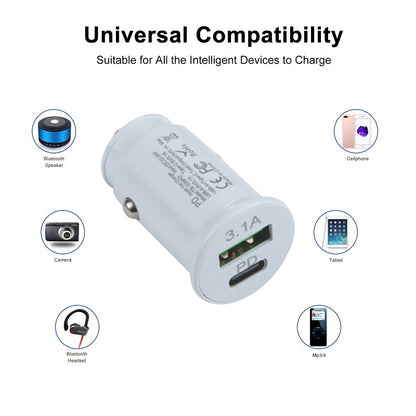 TE-339PD 5V/3.1A PC Type-C + 3.1A USB Mini Car Charger Dual Ports Cigarette Lighter Fast Charging