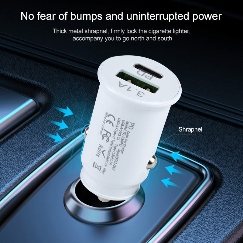 TE-339PD 5V/3.1A PC Type-C + 3.1A USB Mini Car Charger Dual Ports Cigarette Lighter Fast Charging