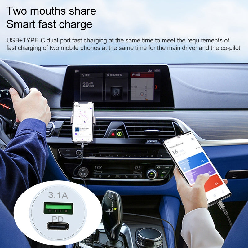 TE-339PD 5V/3.1A PC Type-C + 3.1A USB Mini Car Charger Dual Ports Cigarette Lighter Fast Charging