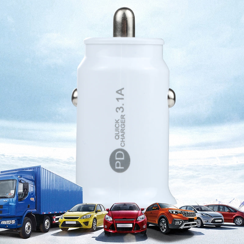 TE-339PD 5V/3.1A PC Type-C + 3.1A USB Mini Car Charger Dual Ports Cigarette Lighter Fast Charging