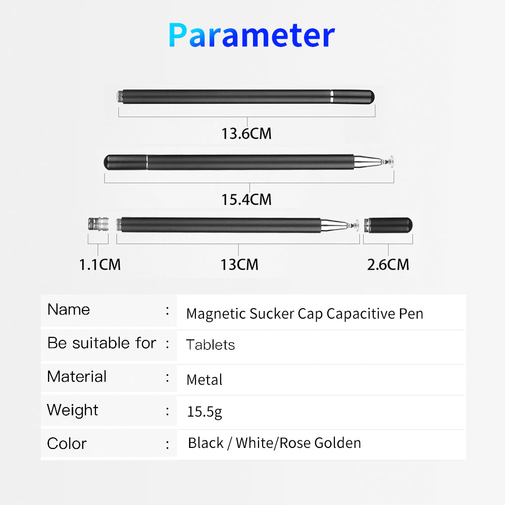 JD01 Universal Tablet Smartphone Capacitive Stylus Pen Magnetic Adsorption Cap Drawing Writing Stylus Pen with Spare Round Disk Pen Tip