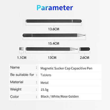 JD01 Universal Tablet Smartphone Capacitive Stylus Pen Magnetic Adsorption Cap Drawing Writing Stylus Pen with Spare Round Disk Pen Tip