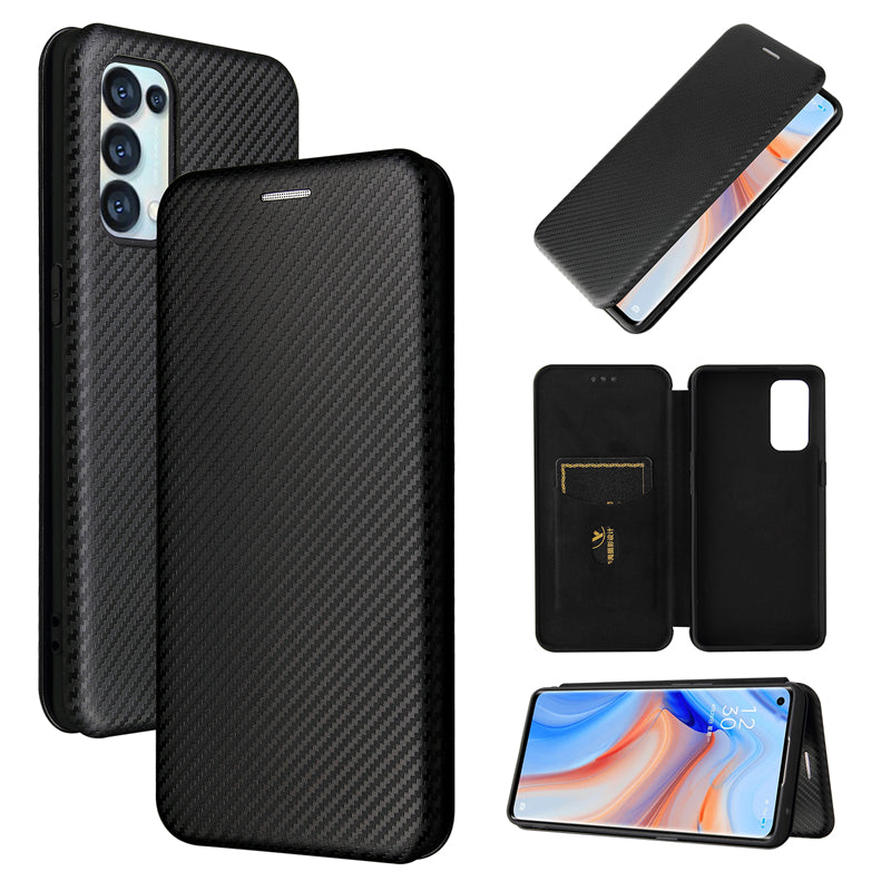 Full Coverage Auto-absorbed Carbon Fiber Leather Card Holder Cover Case for OPPO Reno 5 5G/Reno5 4G/Reno5 K/Find X3 Lite