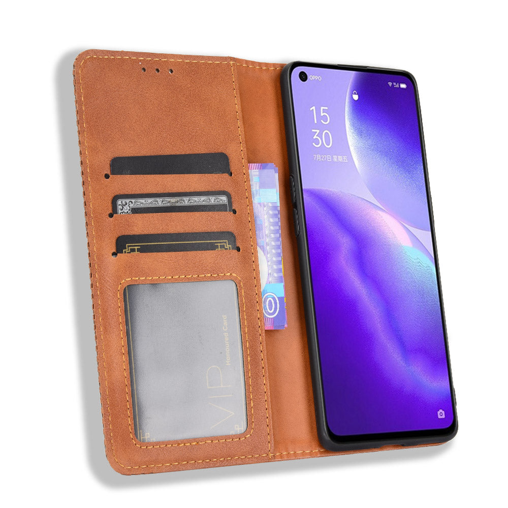 Retro Style Auto-absorbed Leather Wallet Stand Phone Shell Full Protection for Oppo Reno5 5G
