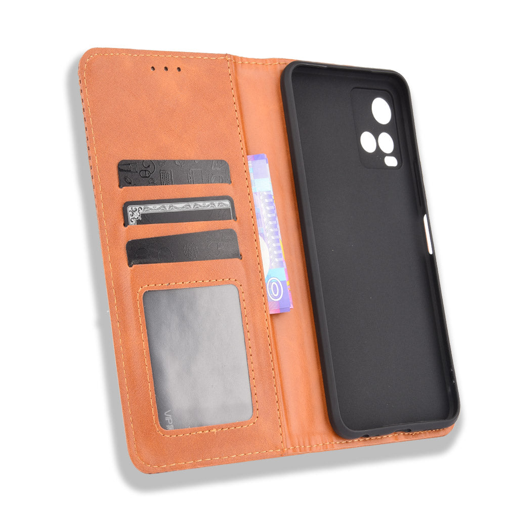 Retro Textured Surface Magnetic Automatic Closing for vivo Y33s/Y21/Y21s Leather Phone Wallet Stand Cover