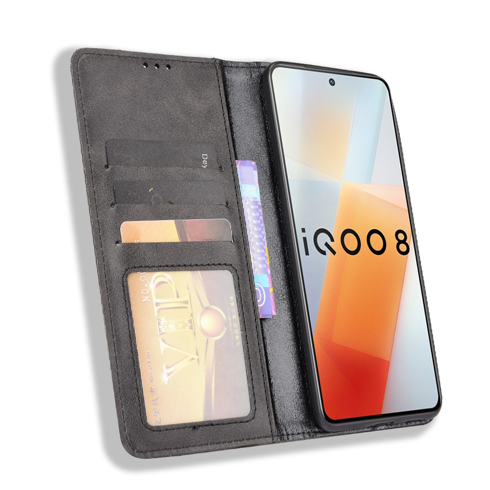 Retro Textured Surface Anti-Drop Phone Leather Case Wallet Stand Cover for vivo iQOO 8