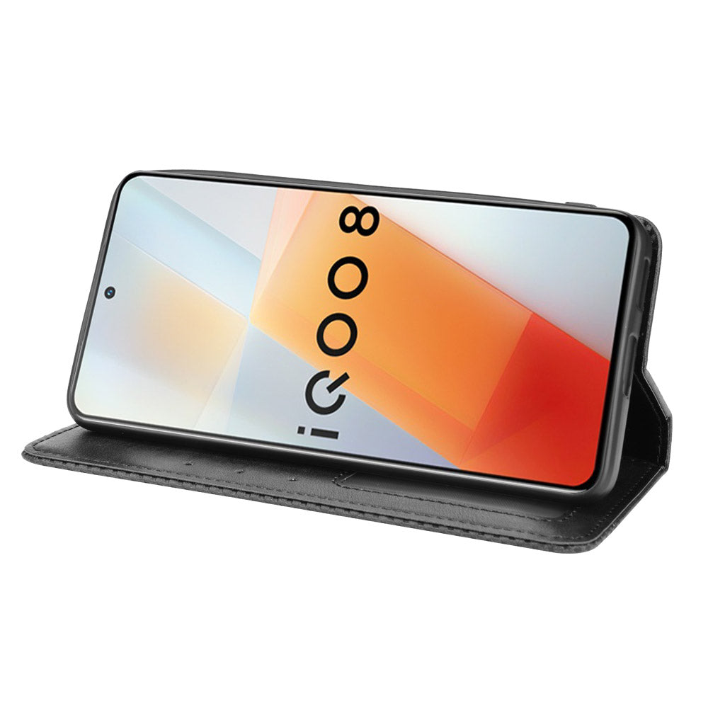 Retro Textured Surface Anti-Drop Phone Leather Case Wallet Stand Cover for vivo iQOO 8