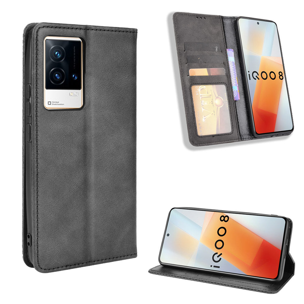 Retro Textured Surface Anti-Drop Phone Leather Case Wallet Stand Cover for vivo iQOO 8