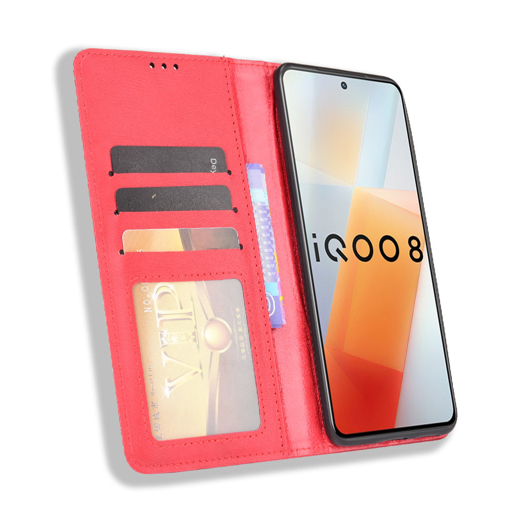 Retro Textured Surface Anti-Drop Phone Leather Case Wallet Stand Cover for vivo iQOO 8
