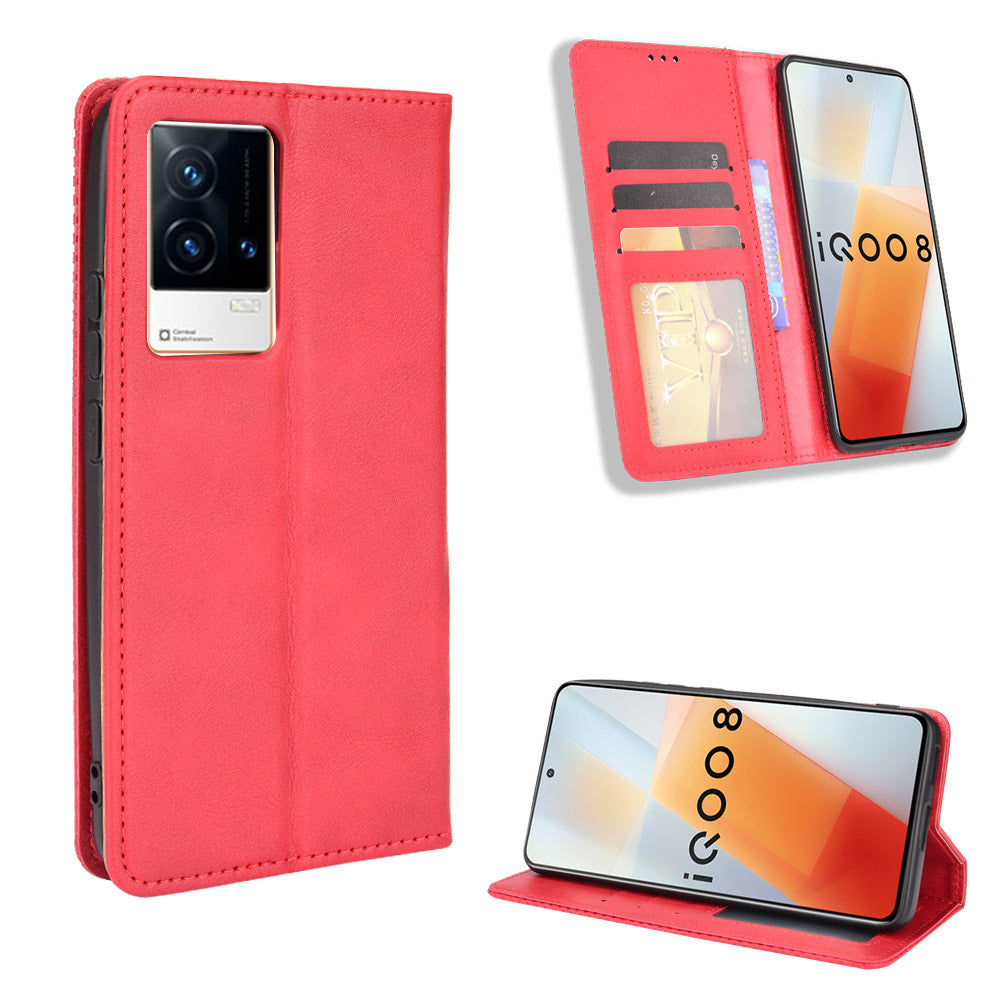 Retro Textured Surface Anti-Drop Phone Leather Case Wallet Stand Cover for vivo iQOO 8