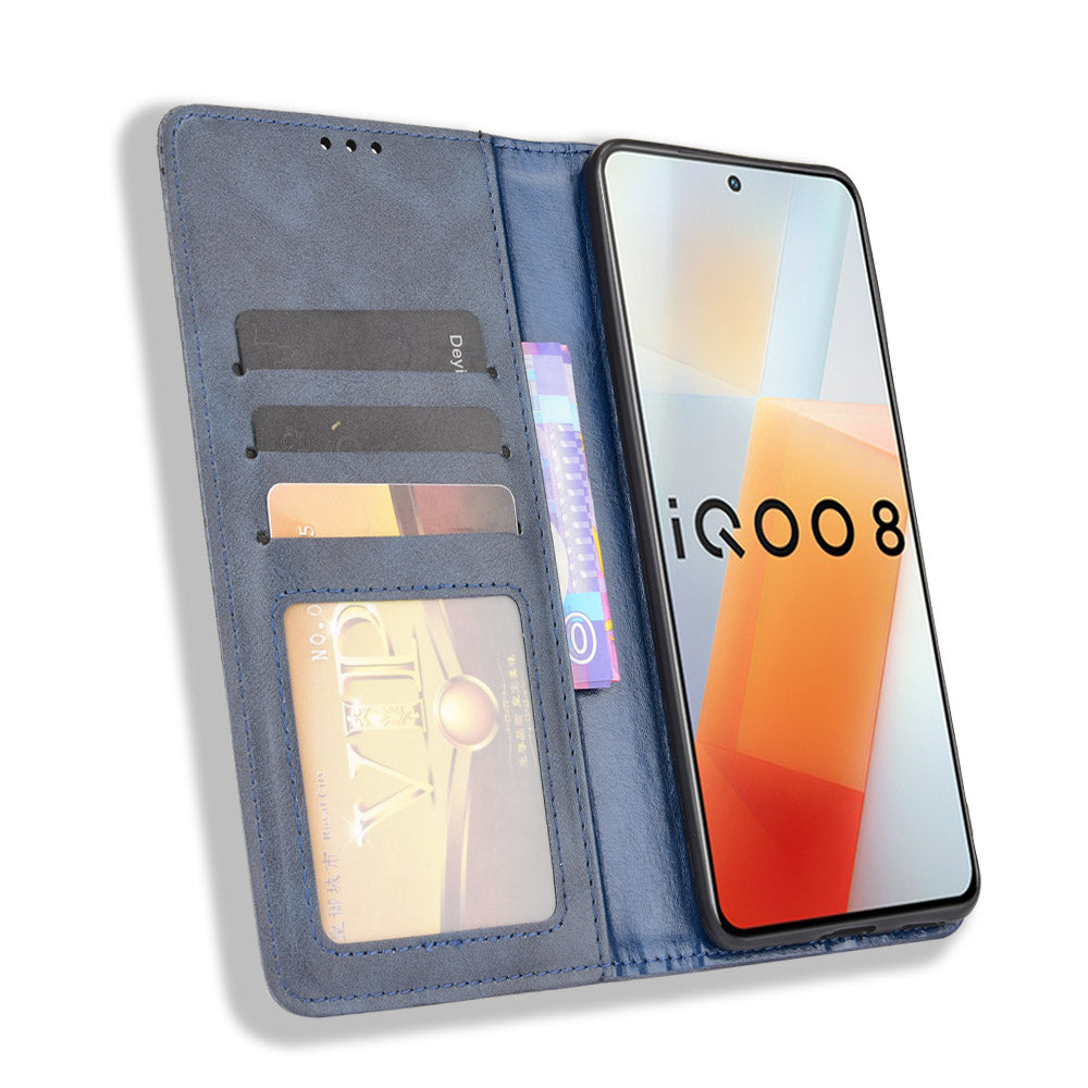 Retro Textured Surface Anti-Drop Phone Leather Case Wallet Stand Cover for vivo iQOO 8