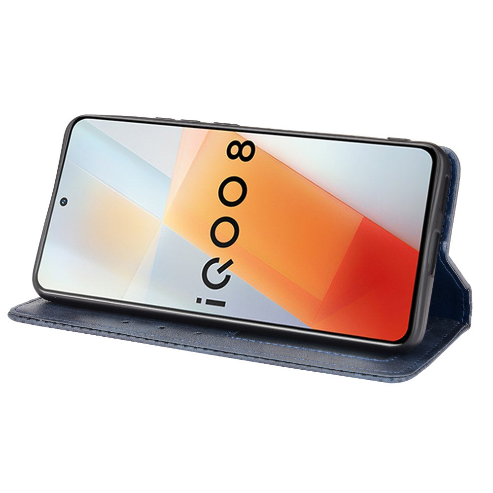 Retro Textured Surface Anti-Drop Phone Leather Case Wallet Stand Cover for vivo iQOO 8