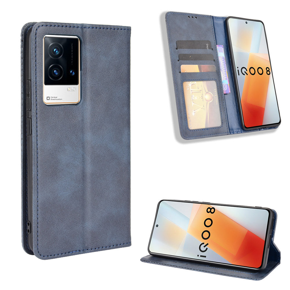 Retro Textured Surface Anti-Drop Phone Leather Case Wallet Stand Cover for vivo iQOO 8