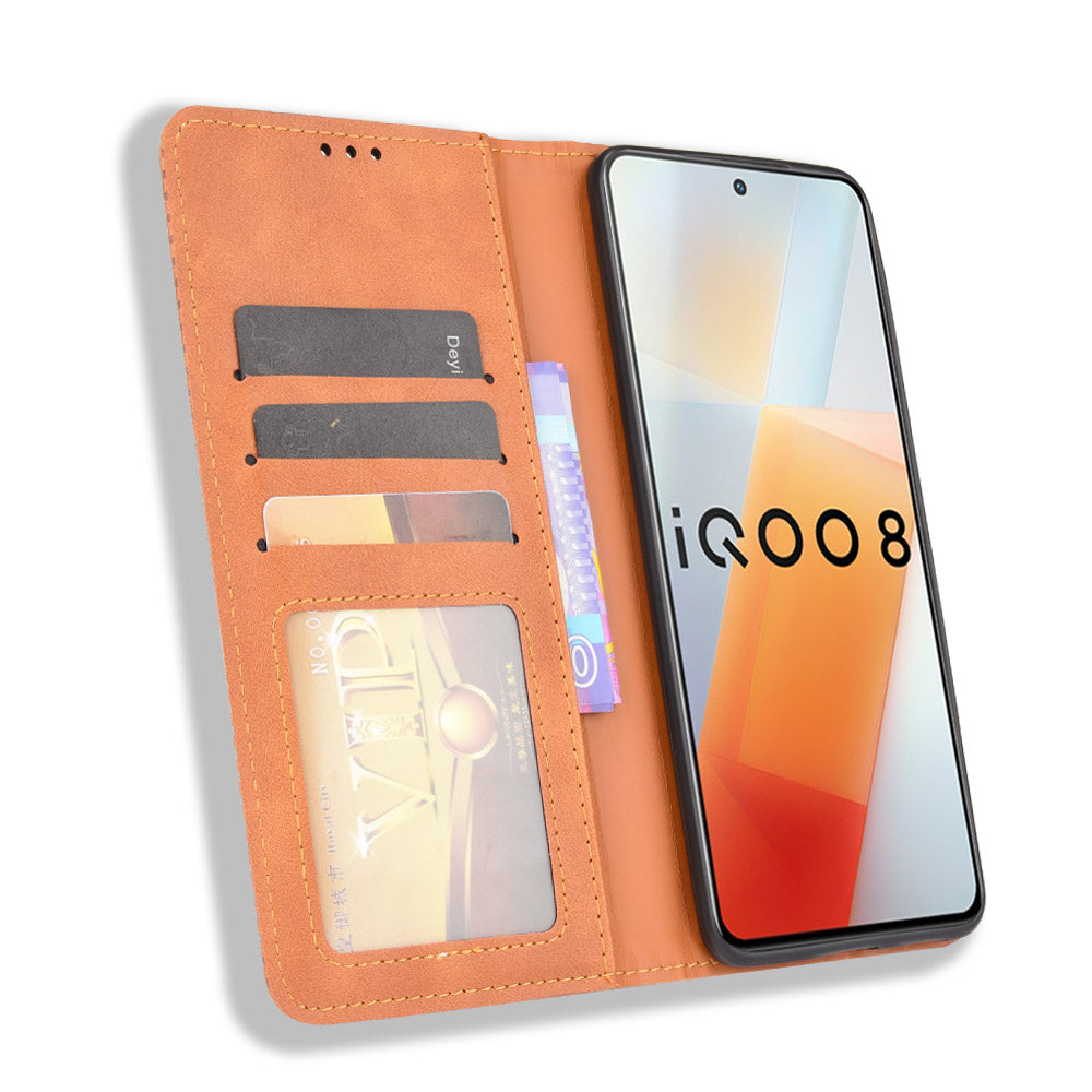Retro Textured Surface Anti-Drop Phone Leather Case Wallet Stand Cover for vivo iQOO 8