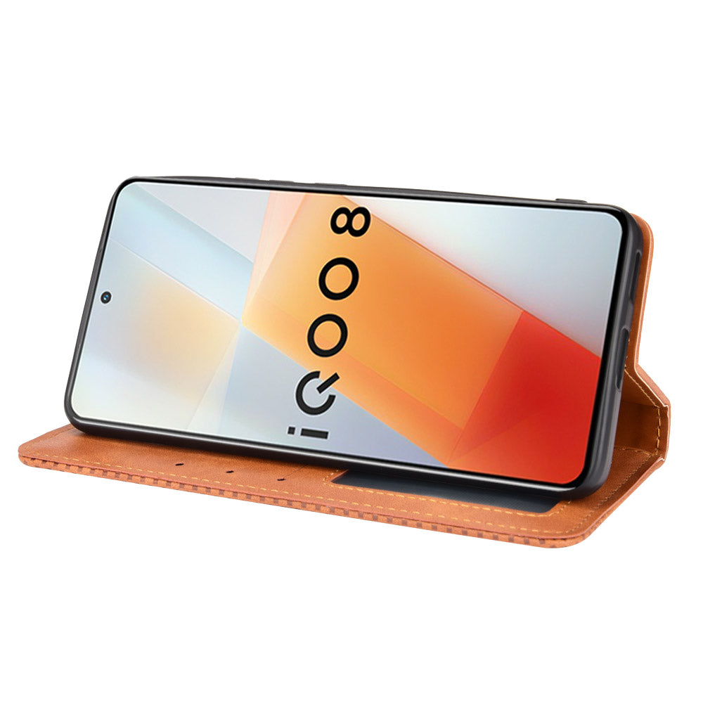 Retro Textured Surface Anti-Drop Phone Leather Case Wallet Stand Cover for vivo iQOO 8