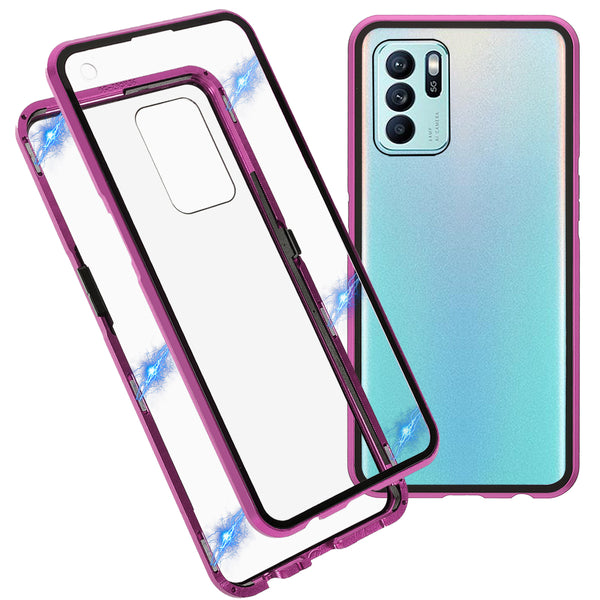 Full Coverage Magnetic Absorption Phone Cover Metal Frame + Double-sided Tempered Glass Hybrid Case for Oppo Reno6 Z