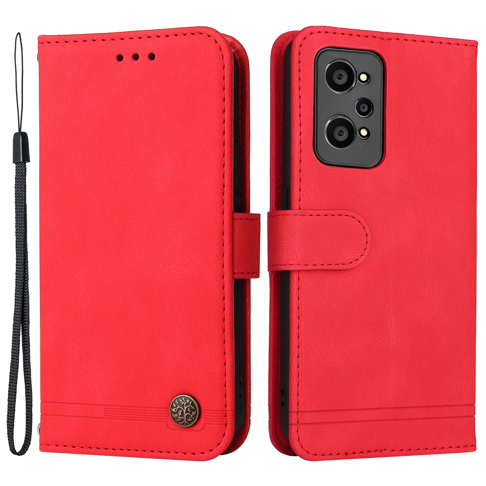Retro Tree Pattern Metal Button Decor Stand Wallet PU Leather Phone Case Cover for Realme GT Neo2 5G/GT Neo 3T 5G