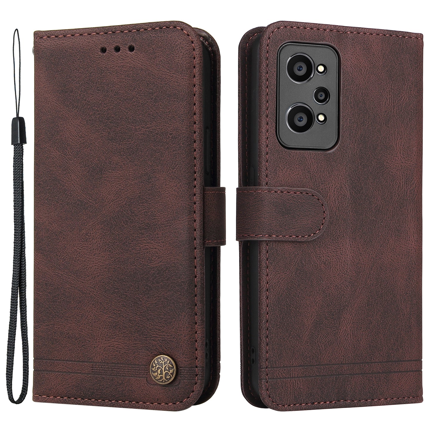 Retro Tree Pattern Metal Button Decor Stand Wallet PU Leather Phone Case Cover for Realme GT Neo2 5G/GT Neo 3T 5G